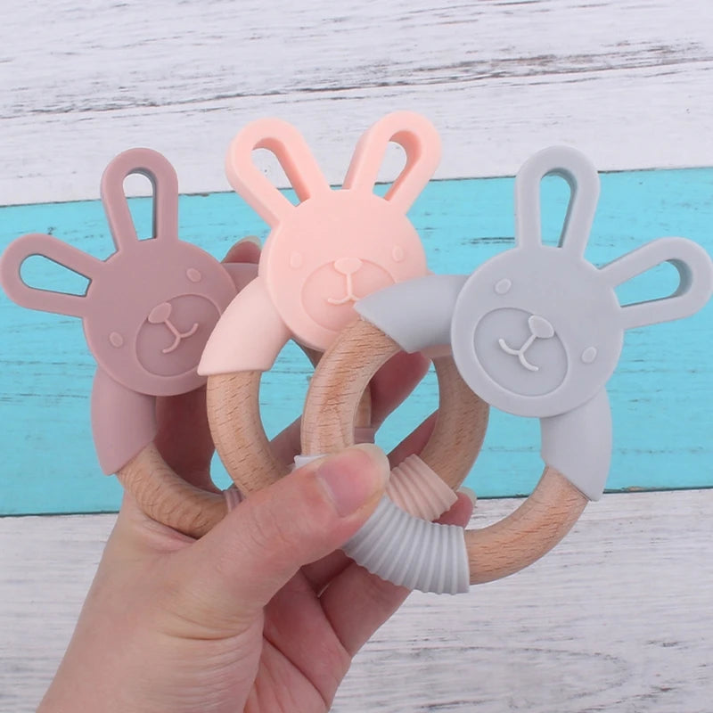 BPA Free Silicone Baby Teether Cartoon Rabbit Wooden