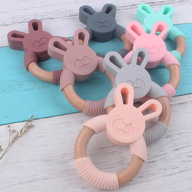 BPA Free Silicone Baby Teether Cartoon Rabbit Wooden