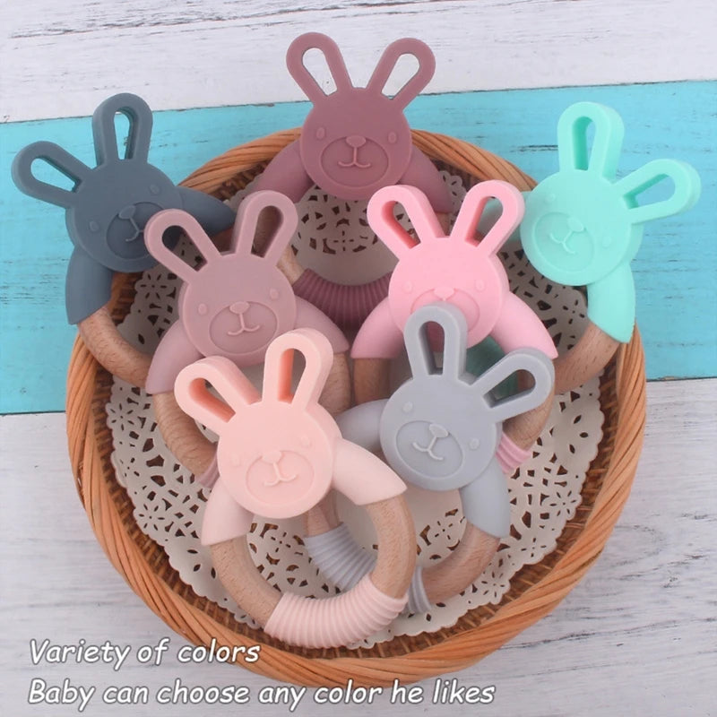 BPA Free Silicone Baby Teether Cartoon Rabbit Wooden