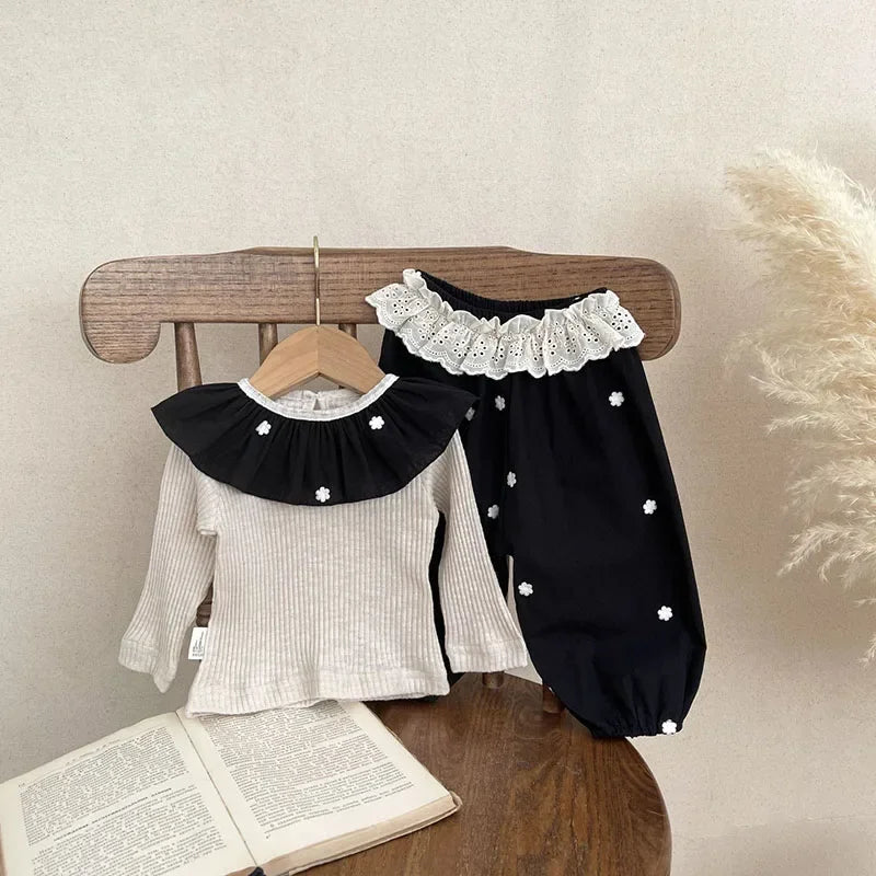 MILANCEL New Autumn Baby Clothes Set Infant Black Embroidered Collar Beige Bottoming Shirt Toddler Girls Lace Pants