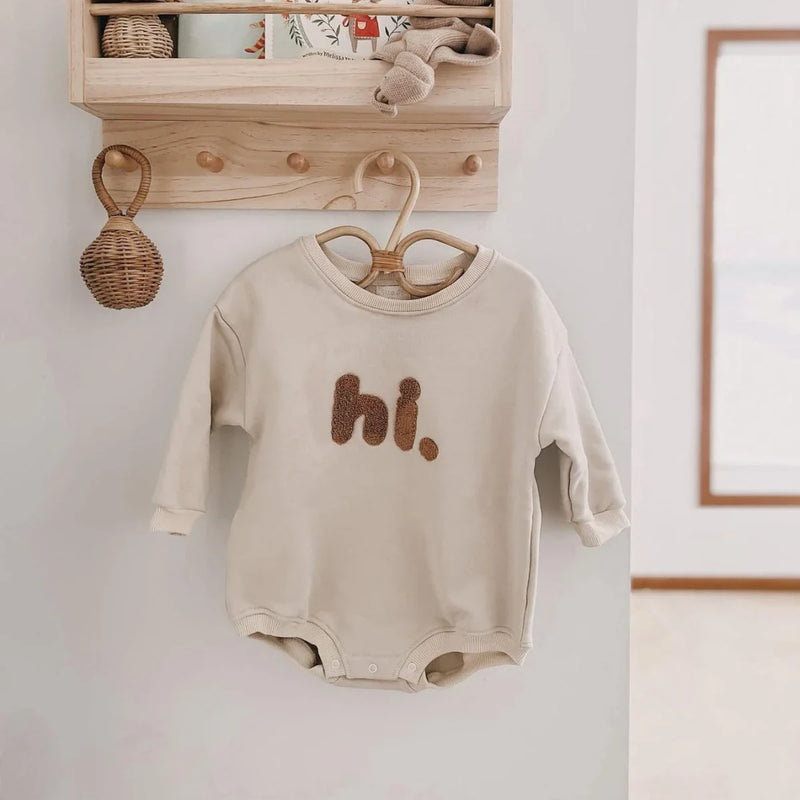 "Hi" Embroidered Cotton Long Sleeve Romper