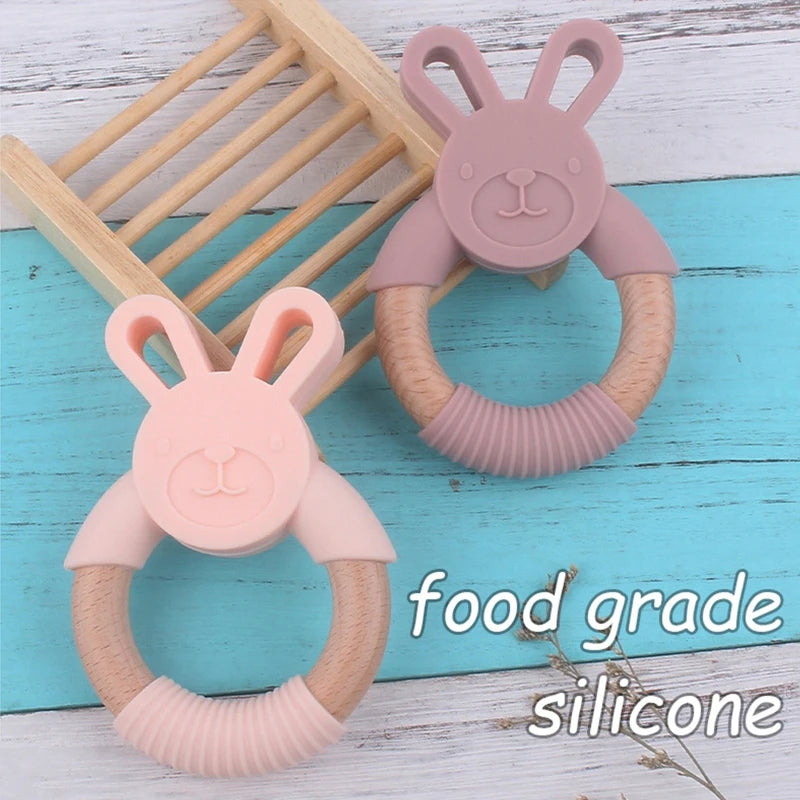 BPA Free Silicone Baby Teether Cartoon Rabbit Wooden