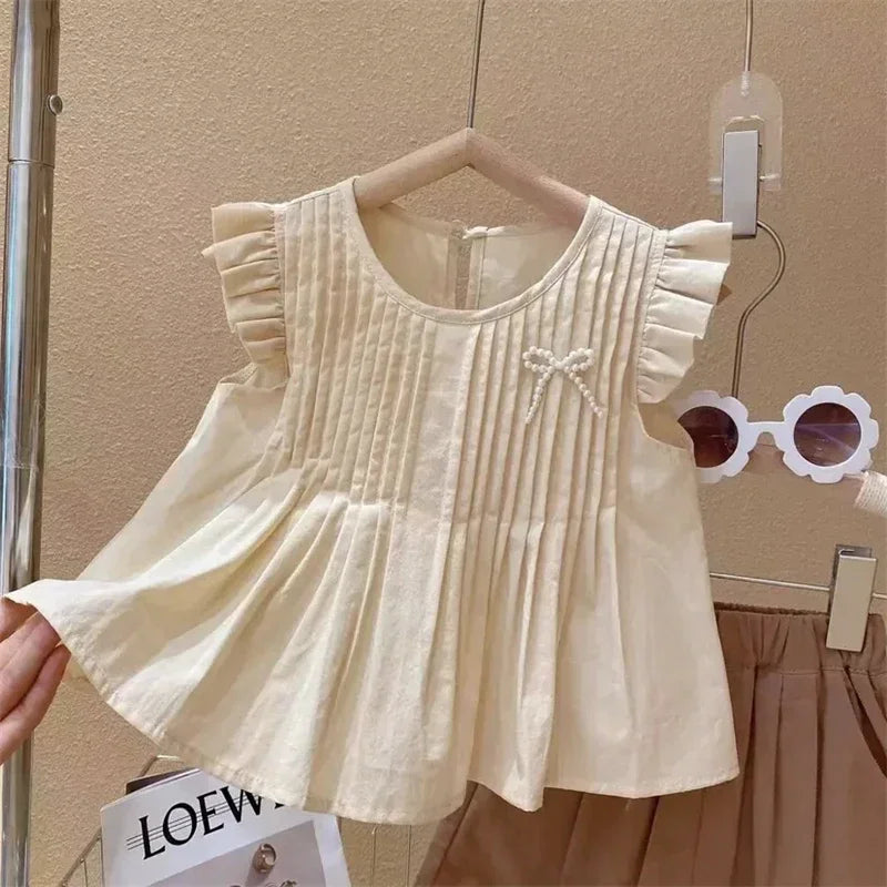 Summer us Children Kids Clothing Set Girls Summer Organic Cotton Tie Tank Sling Smocked Top Lace  shorts Outfits