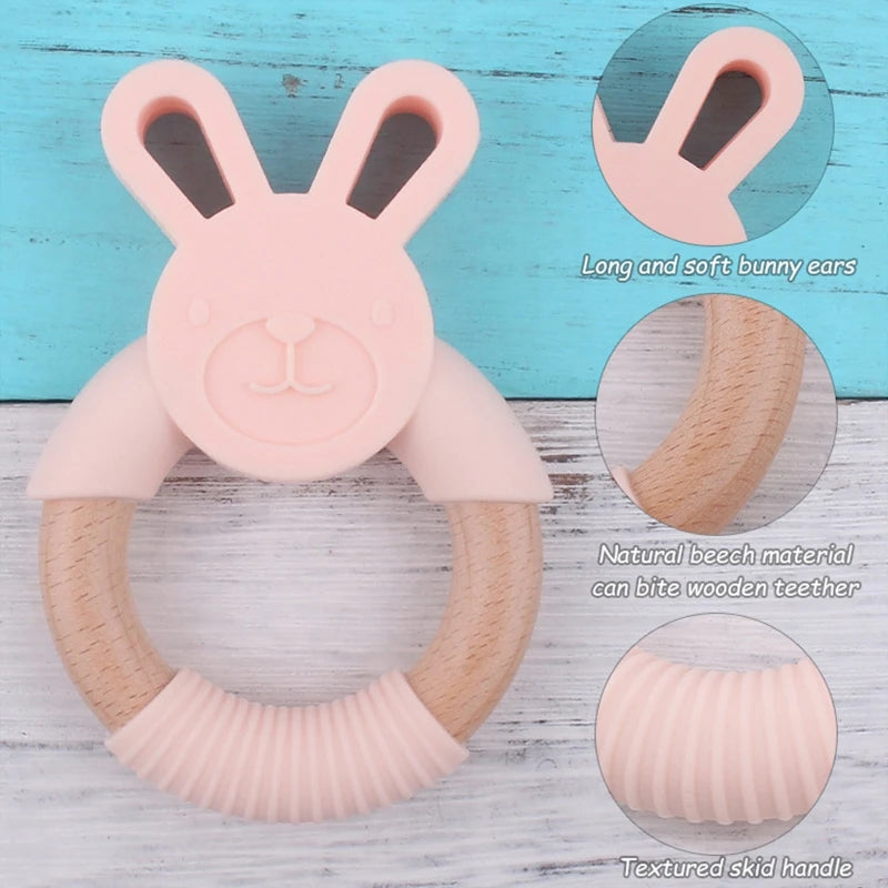 BPA Free Silicone Baby Teether Cartoon Rabbit Wooden