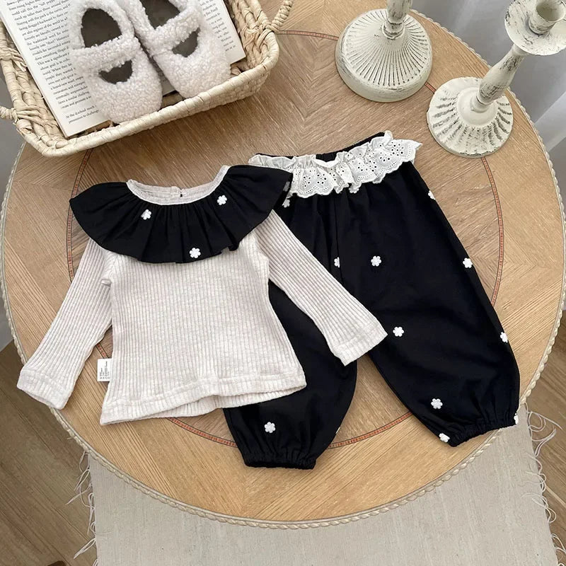 MILANCEL New Autumn Baby Clothes Set Infant Black Embroidered Collar Beige Bottoming Shirt Toddler Girls Lace Pants