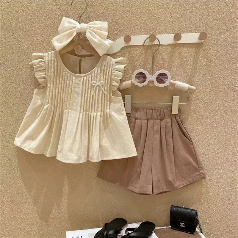 Summer us Children Kids Clothing Set Girls Summer Organic Cotton Tie Tank Sling Smocked Top Lace  shorts Outfits