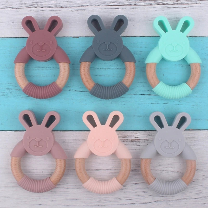 BPA Free Silicone Baby Teether Cartoon Rabbit Wooden