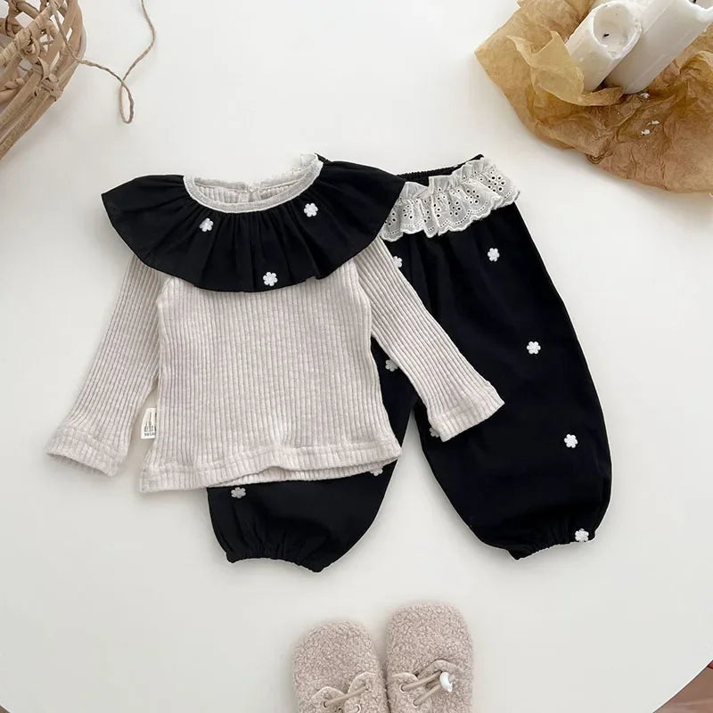 MILANCEL New Autumn Baby Clothes Set Infant Black Embroidered Collar Beige Bottoming Shirt Toddler Girls Lace Pants