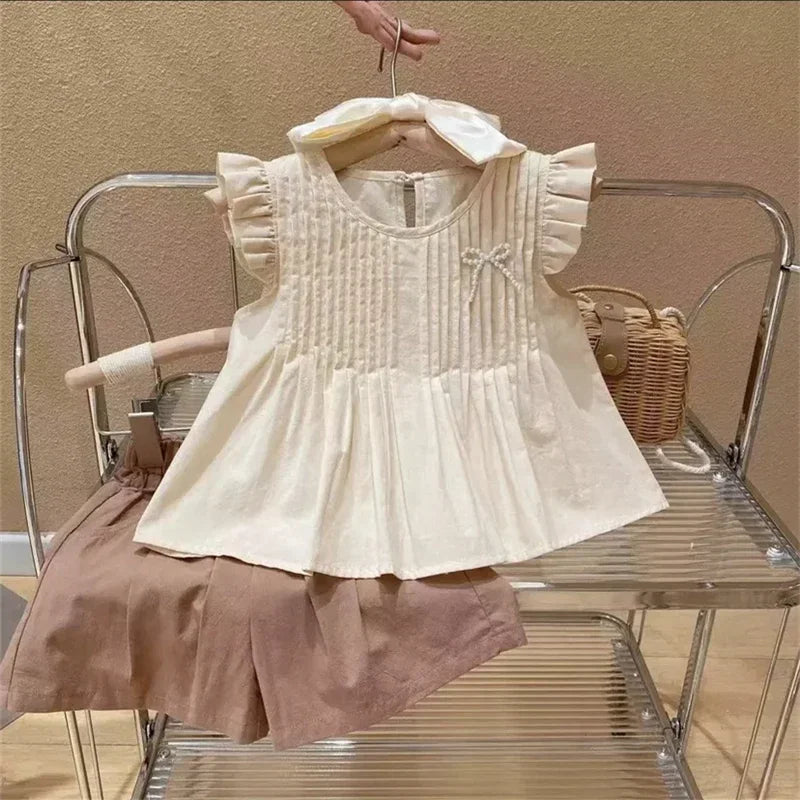 Summer us Children Kids Clothing Set Girls Summer Organic Cotton Tie Tank Sling Smocked Top Lace  shorts Outfits